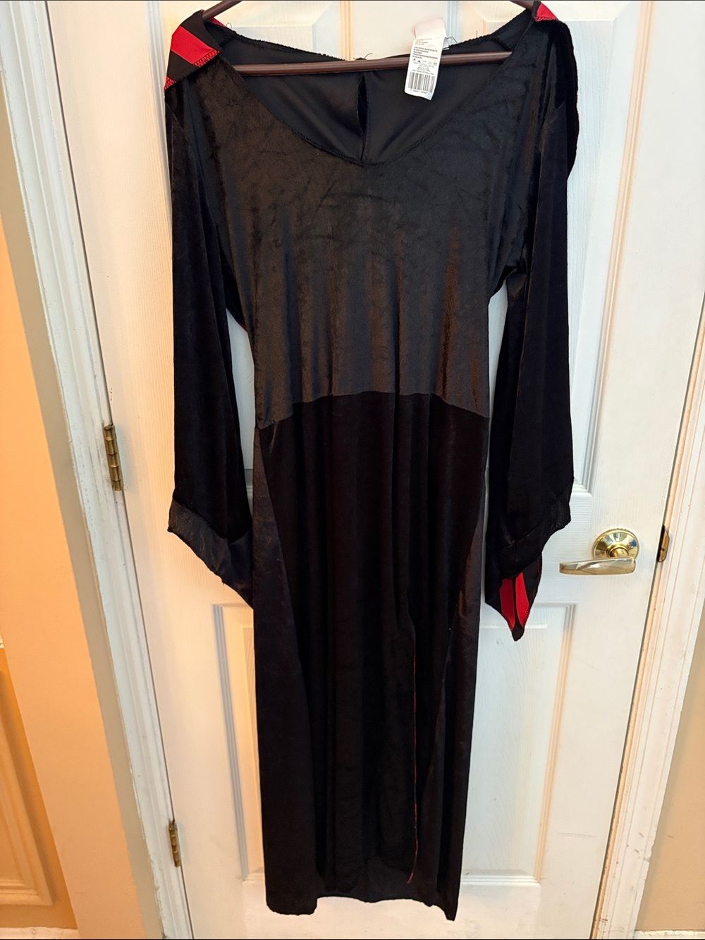 Disguise size large Black Velveteen Long hooded costume with Red and black trim